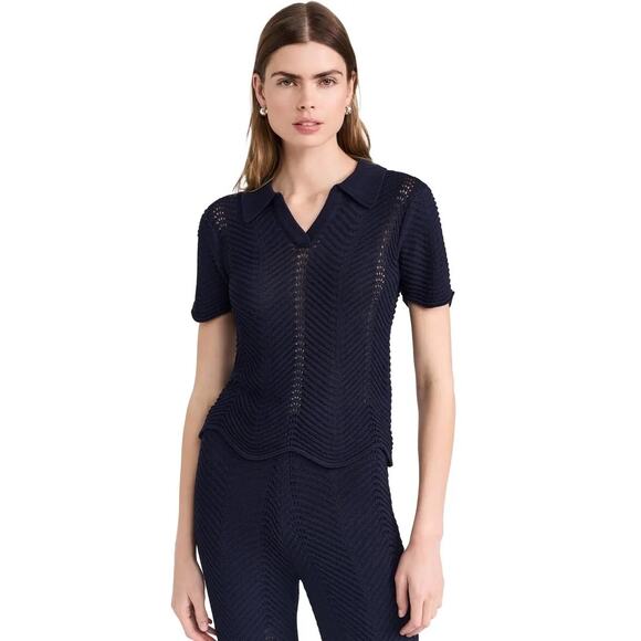 English Factory Scallop Detail Crochet Knit Collared Navy Polo Top Size XS - Picture 1 of 9